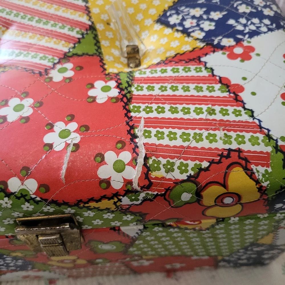 Vintage 1970's Patchwork Floral Sewing Train Case Storage Faux Quilted